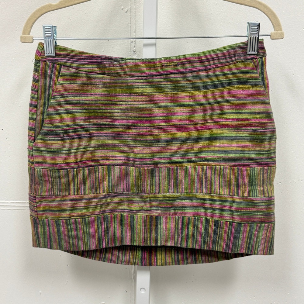 Charlotte Ronson Multi Color Striped Mini Skirt Green Pink Size 2 Pocket Zipper - Picture 1 of 6